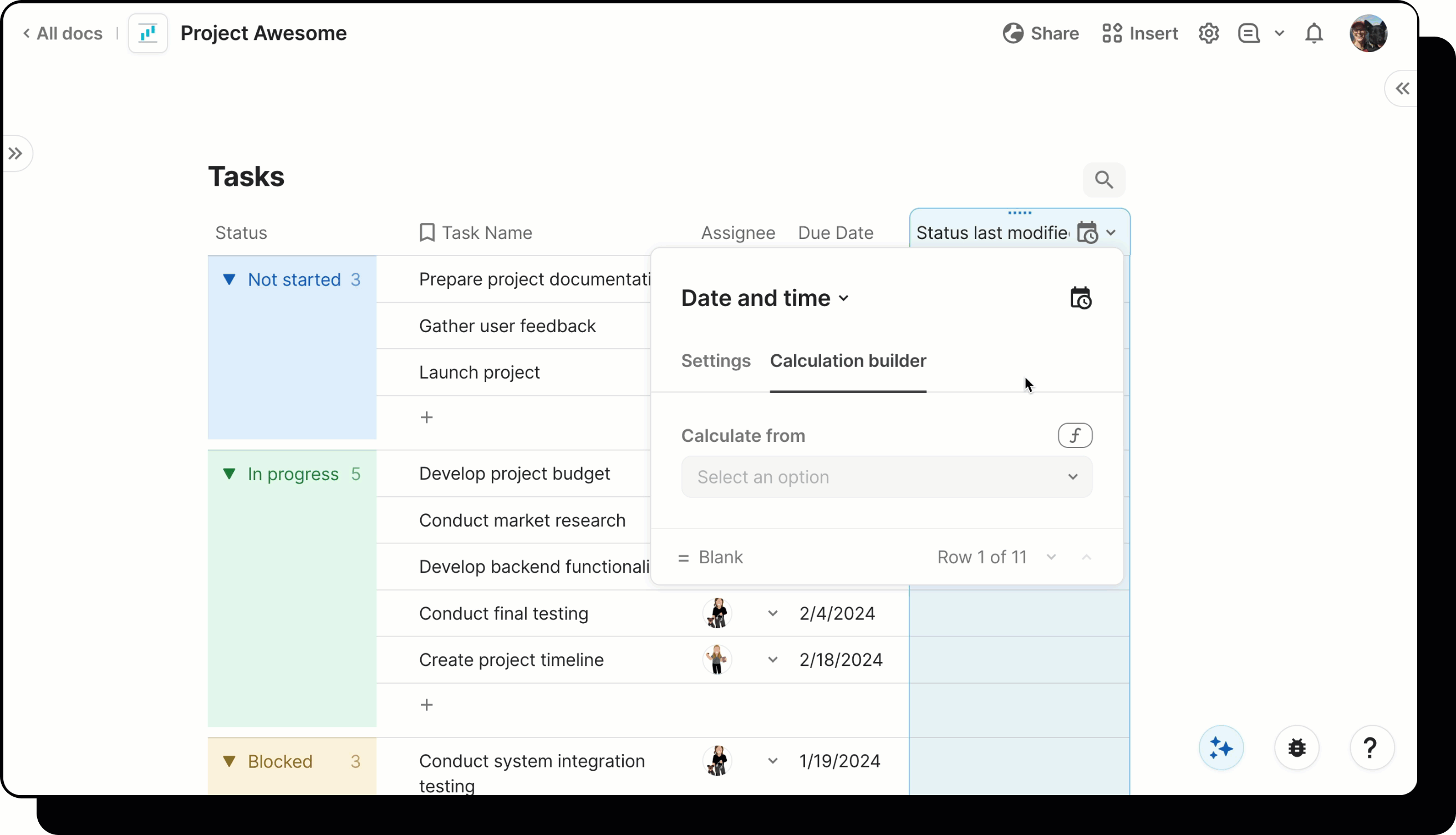Gif showing user set a column in the 