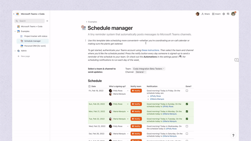 A gif demonstrating a user clicking a button that takes a Microsoft Teams pack action.