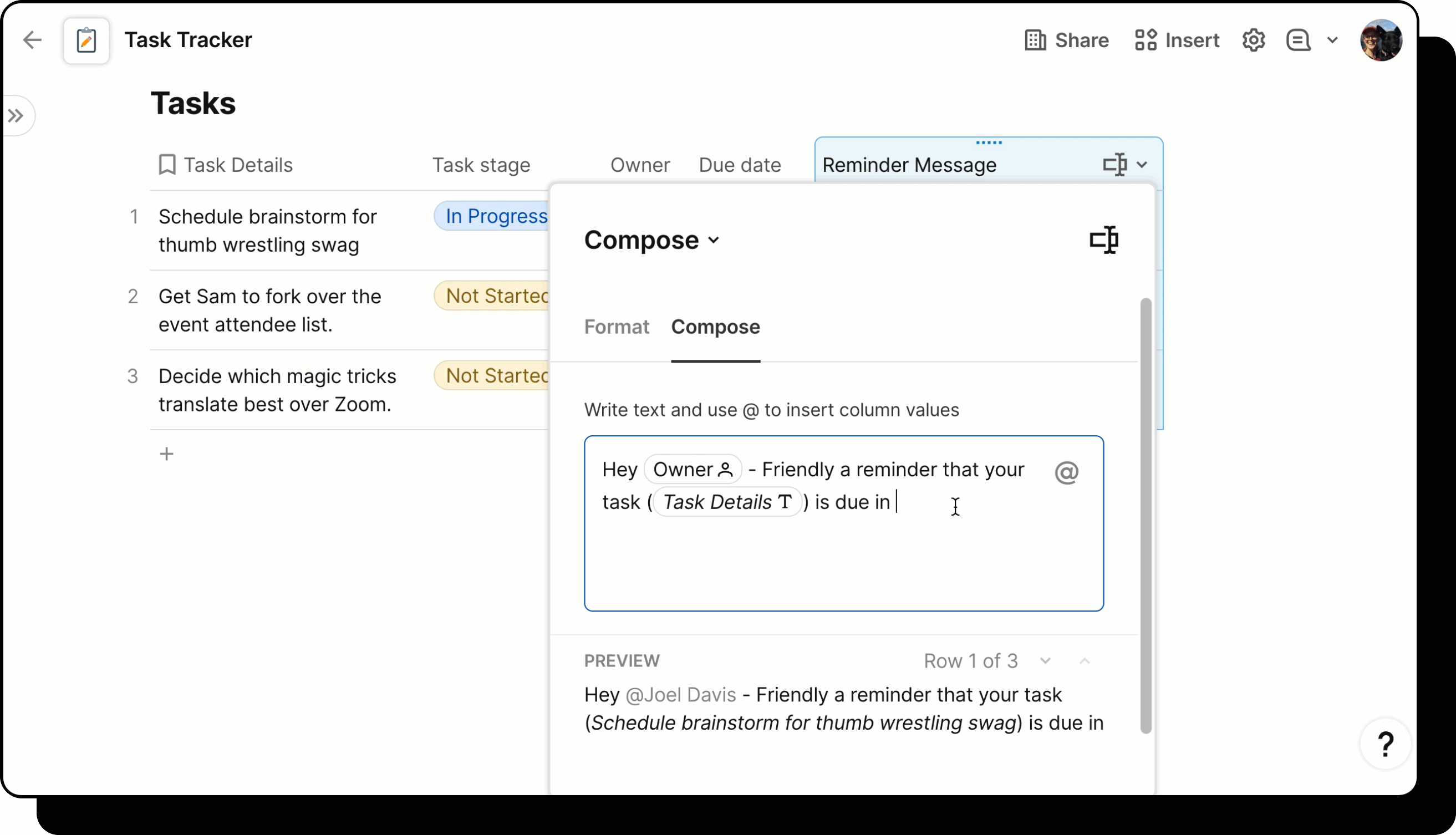Gif showing user adding formula to compose column.