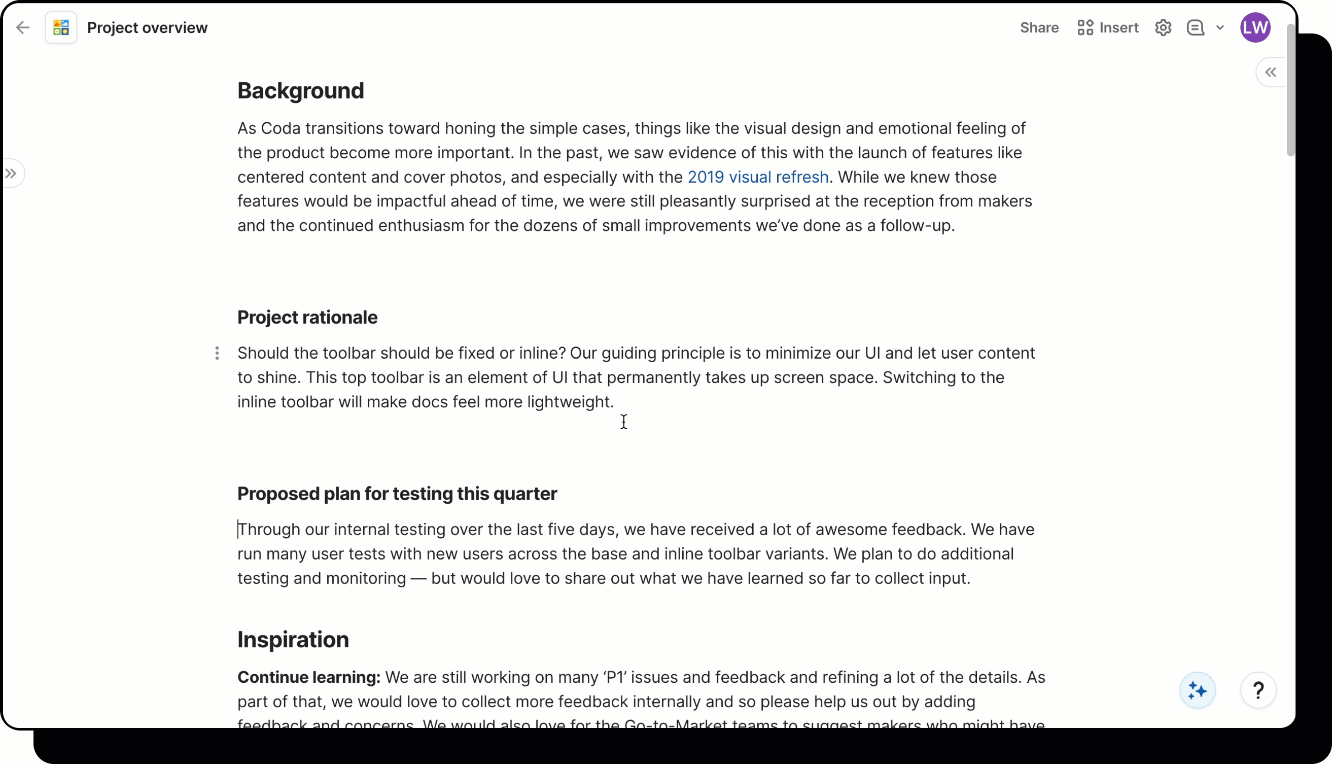 A gif showing a user selecting three dots in the left-hand corner of a text block, then dragging and dropping that block alongside another, creating two columns of text.