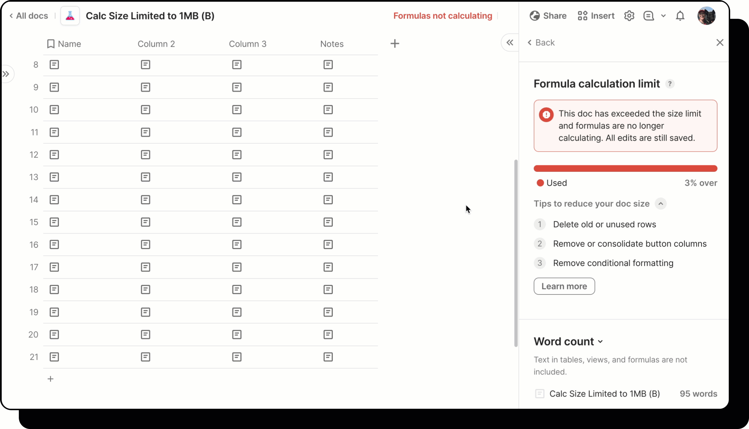 A gif showing a user deleting rows, and then clicking on a button to re-enable calculations.