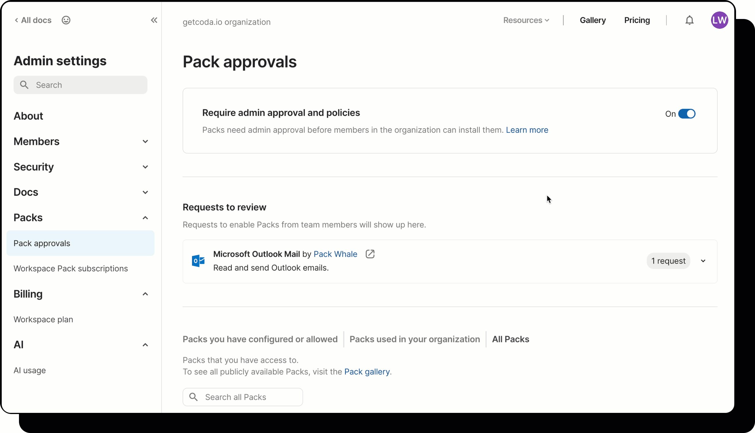 Gif showing user managing pack approval requests.