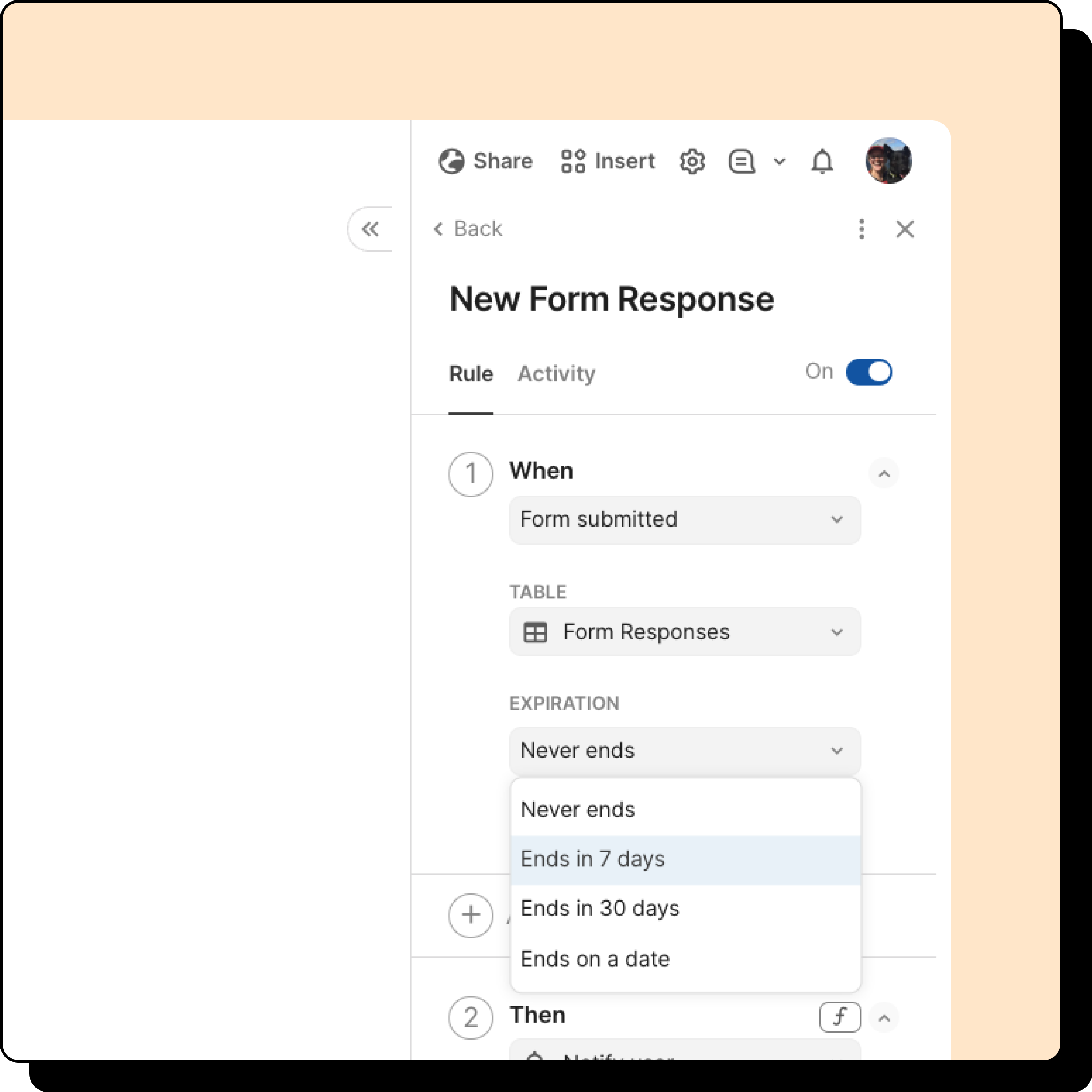 An image of the automation's expiration dropdown menu.