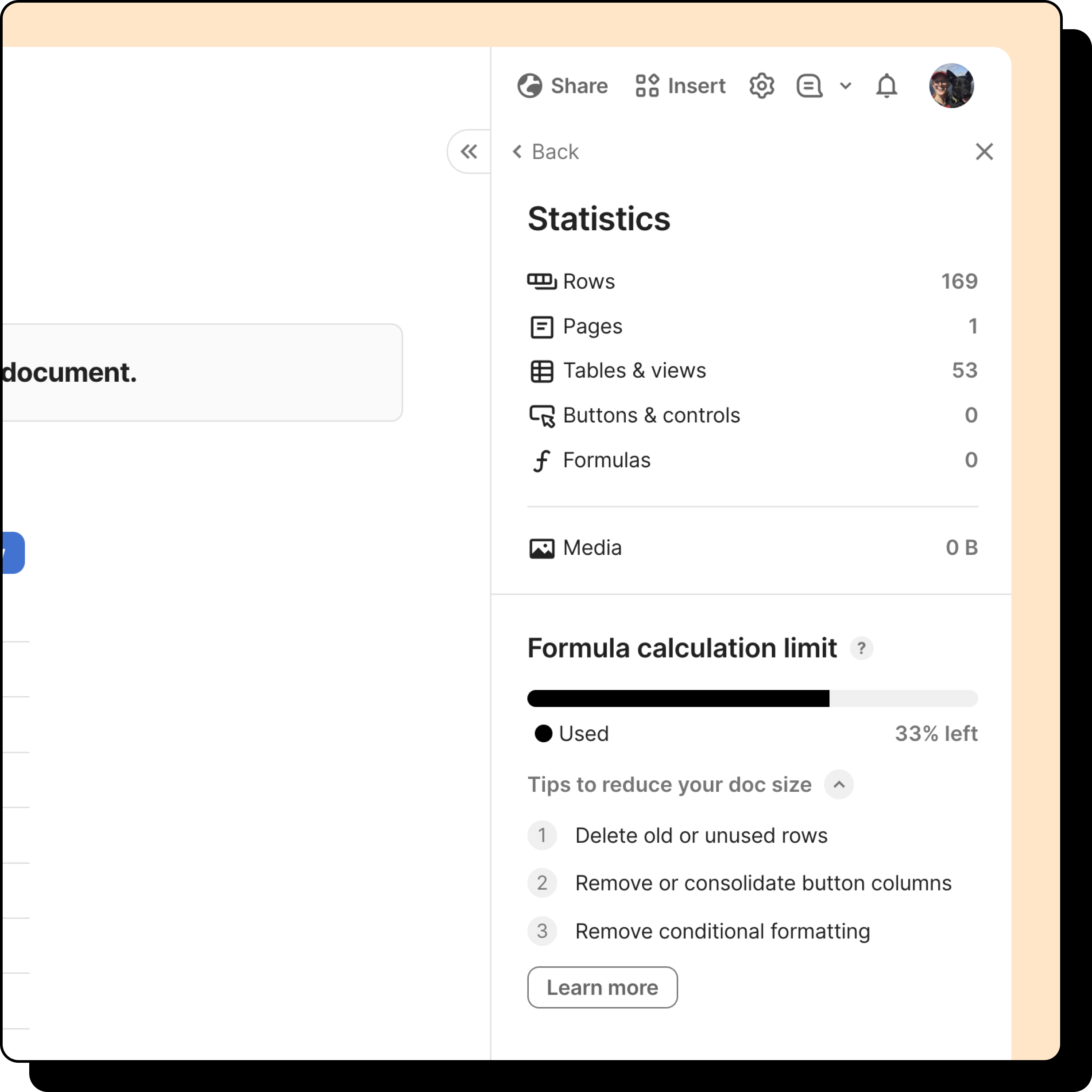 An image of a doc's Statistics section, showing the formula calculation limit with 33% left.