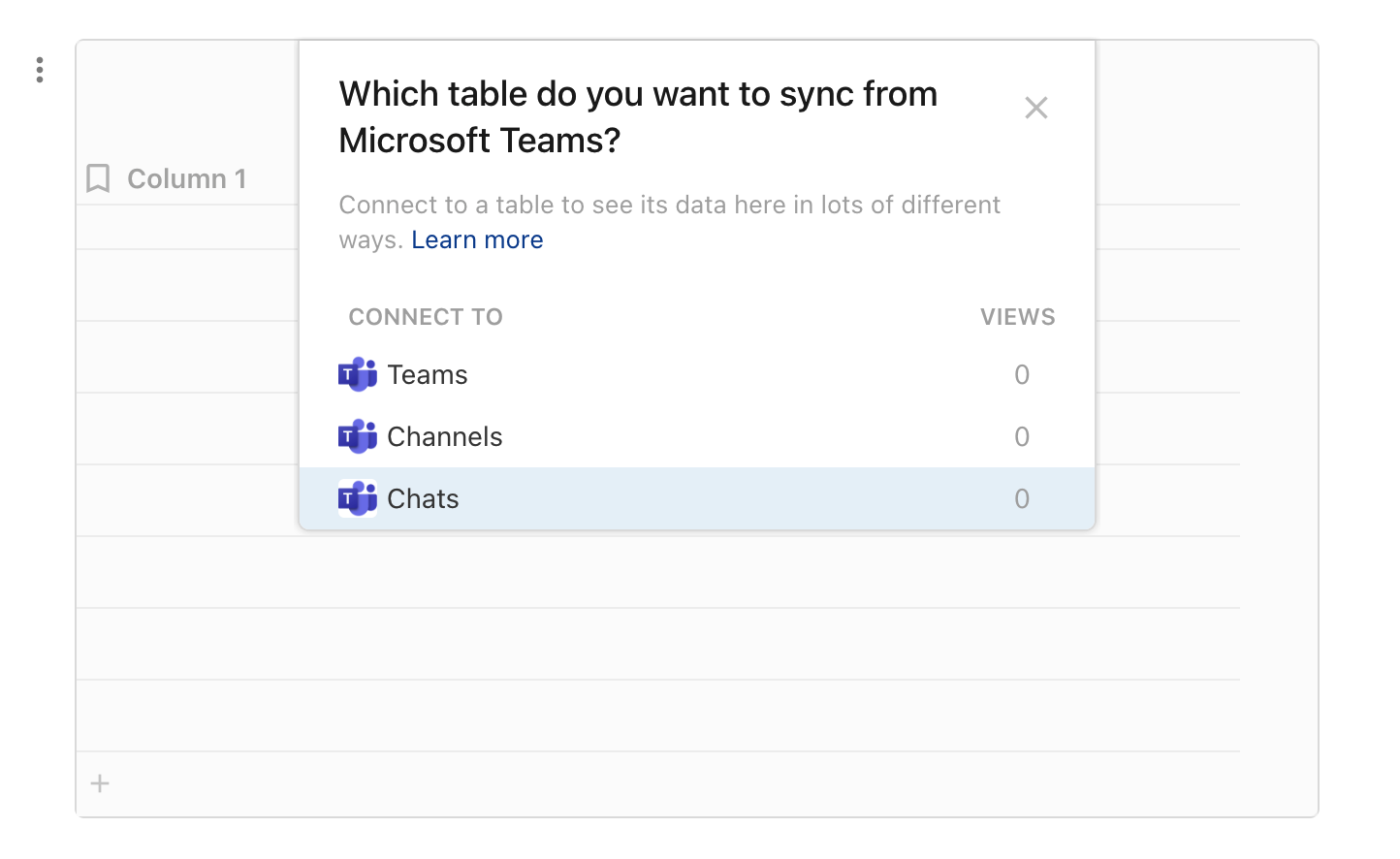 An image of a suer creating a sync table, connected to Chats from Microsoft Teams.
