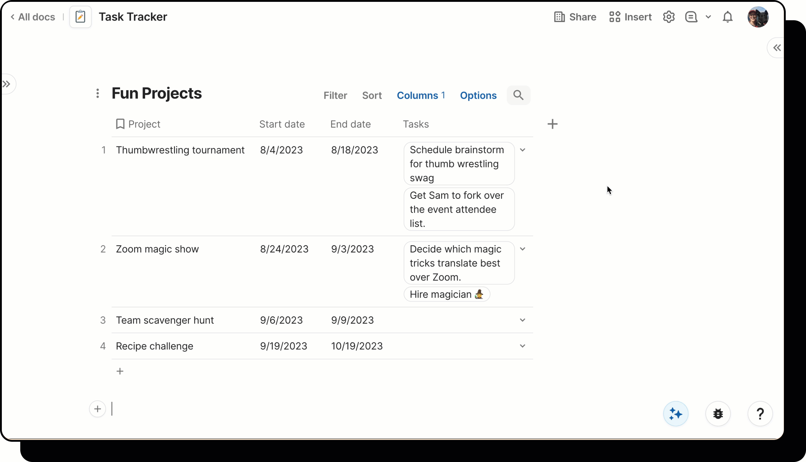 Gif showing user scrolling through column options.