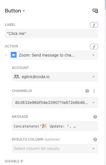 Image of button settings with an action to send a message to Zoom chat.