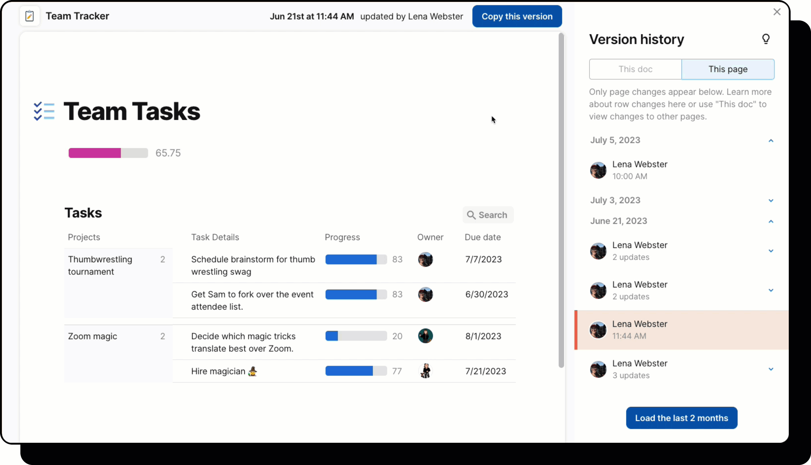 A gif showing a user making a copy of a past version of a doc.