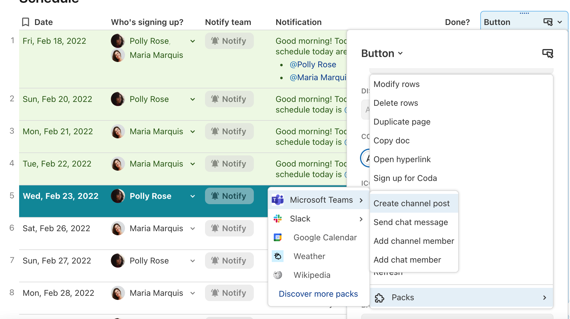 An image of the button column types available with the Microsoft Teams pack.