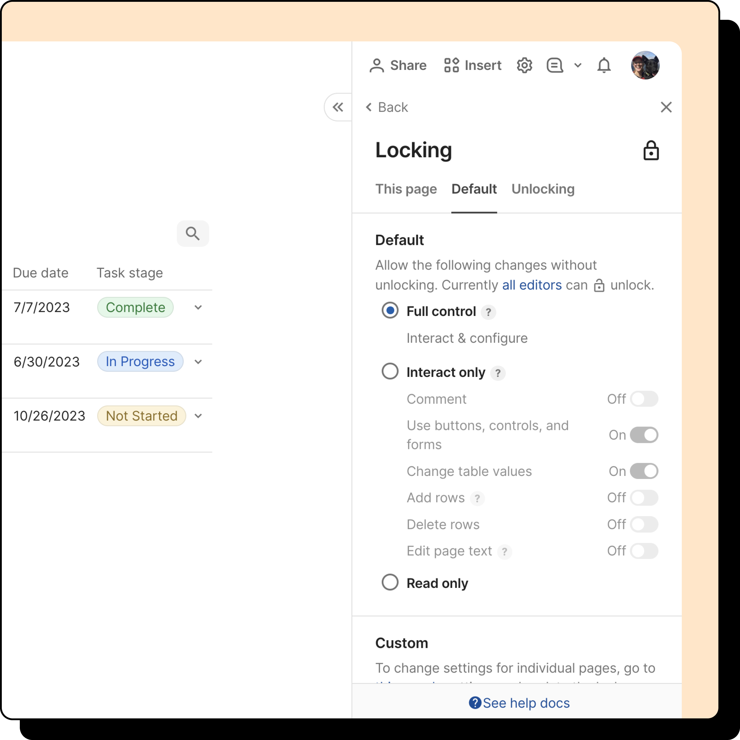 An image of a doc's default locking settings.