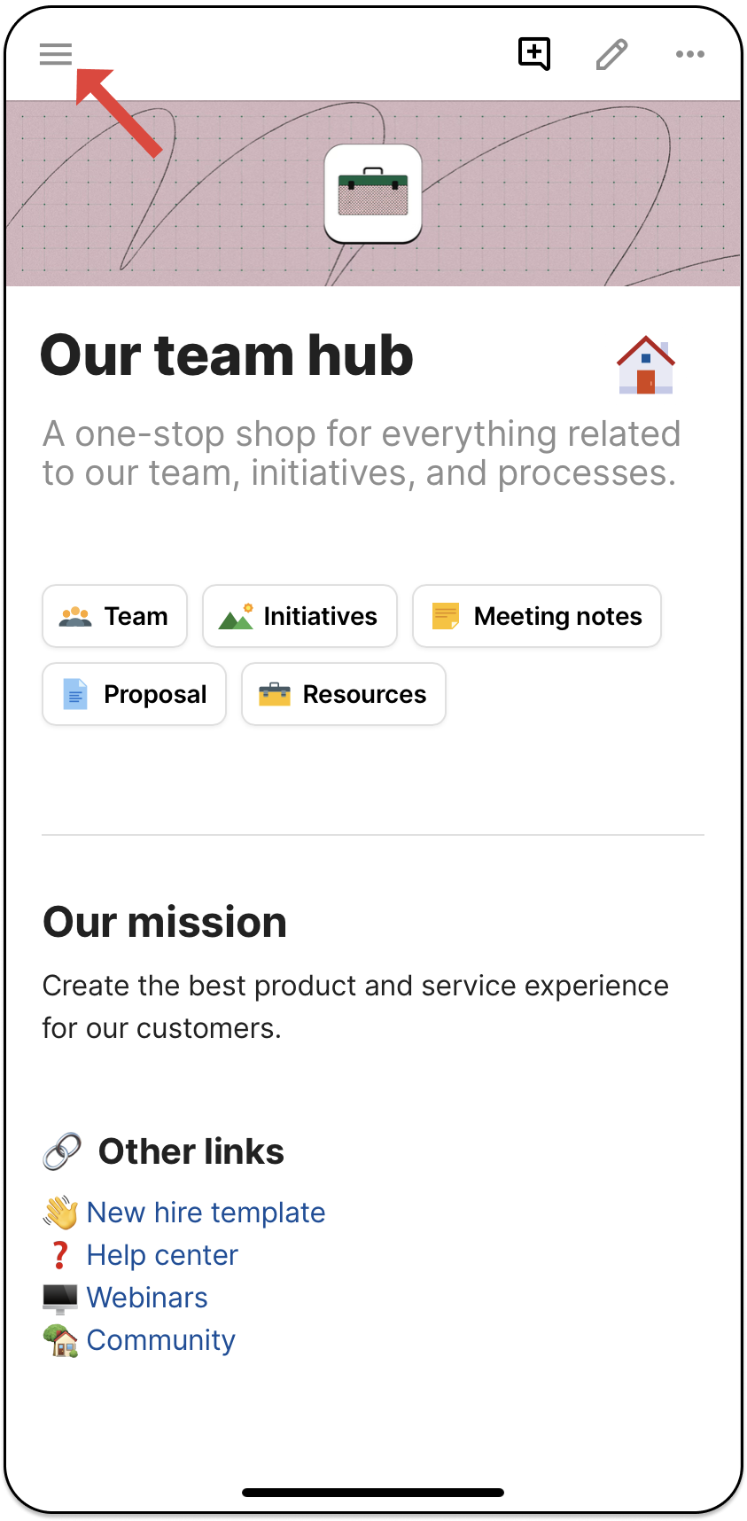 An image of a doc on mobile with an arrow pointing to the hamburger menu in the upper left-hand corner.