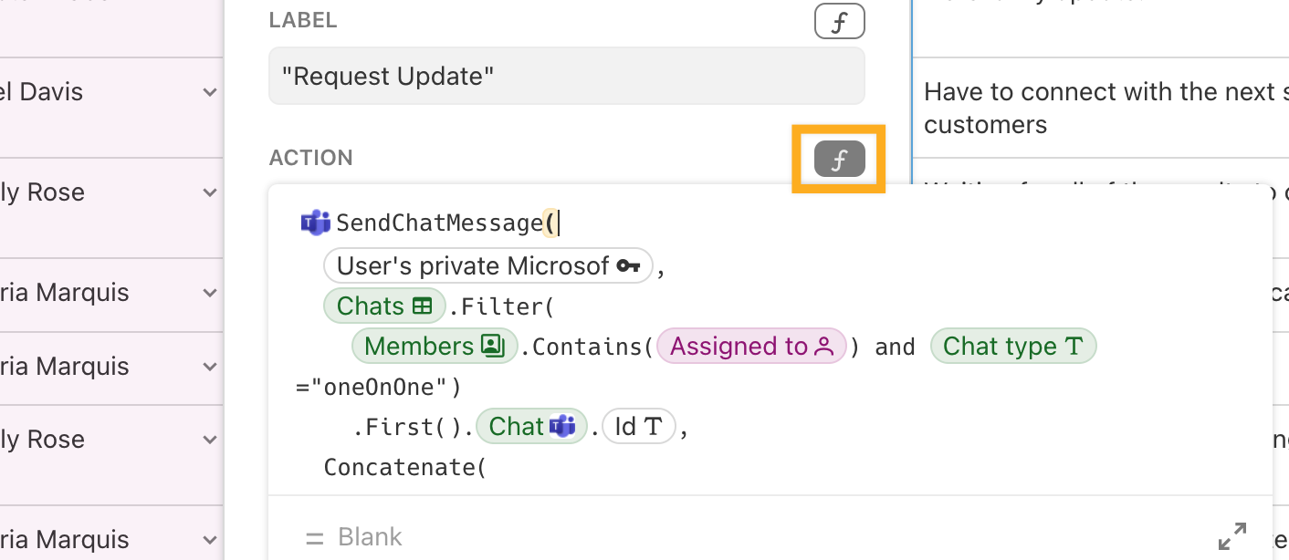 An image of the formula builder, showing a formula that uses Microsoft Pack actions.