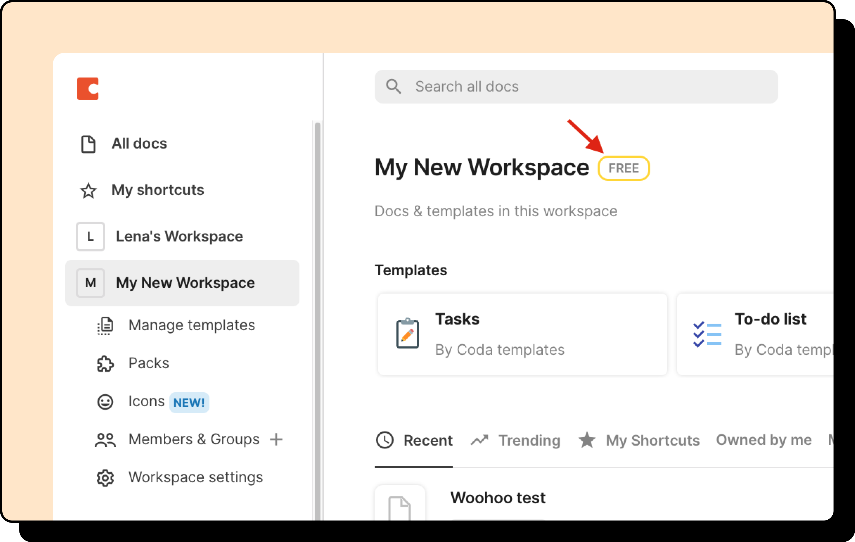 An image of a workspace title, with an arrow pointing to a highlighted box to its right that says 