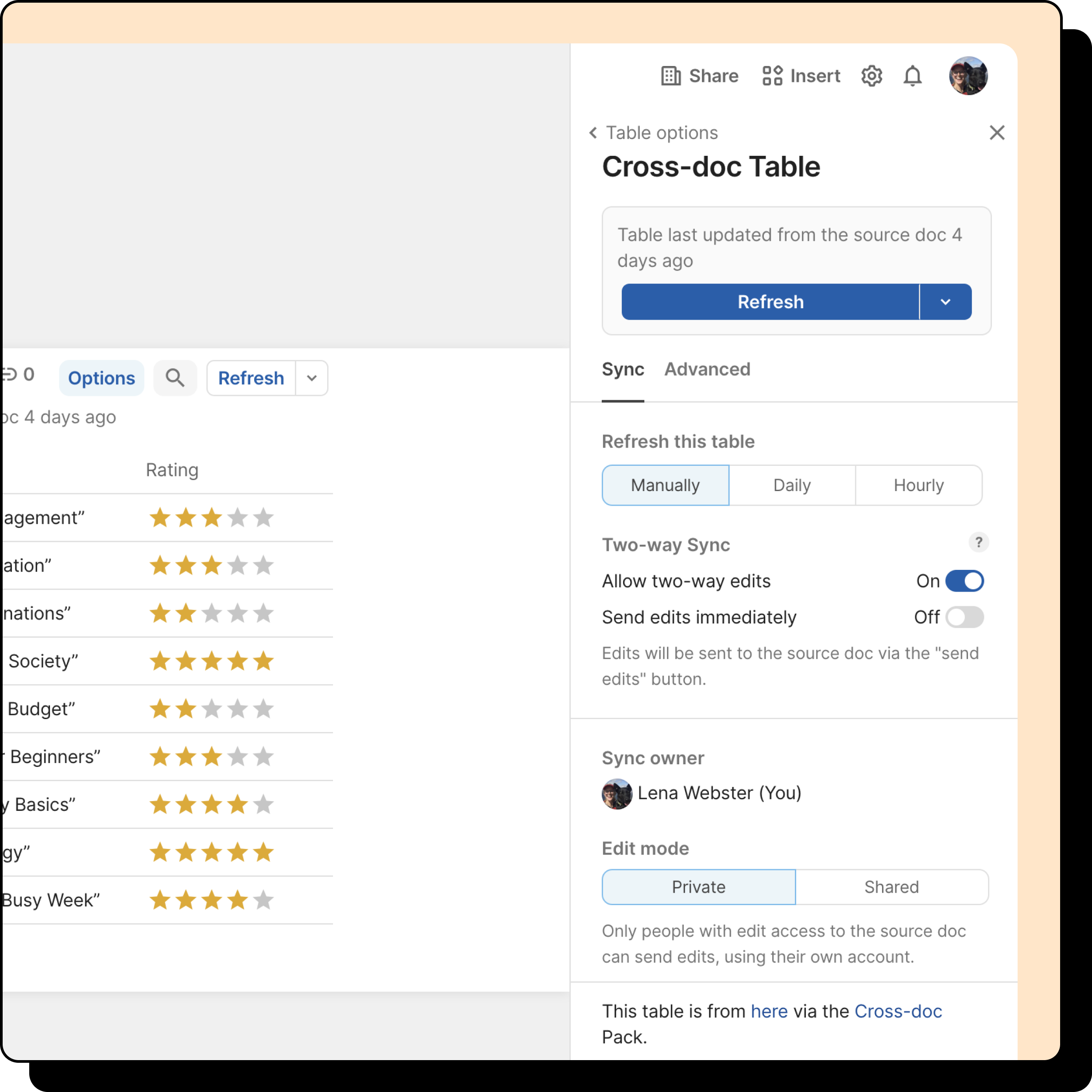 Image of cross-doc pack settings, showing 