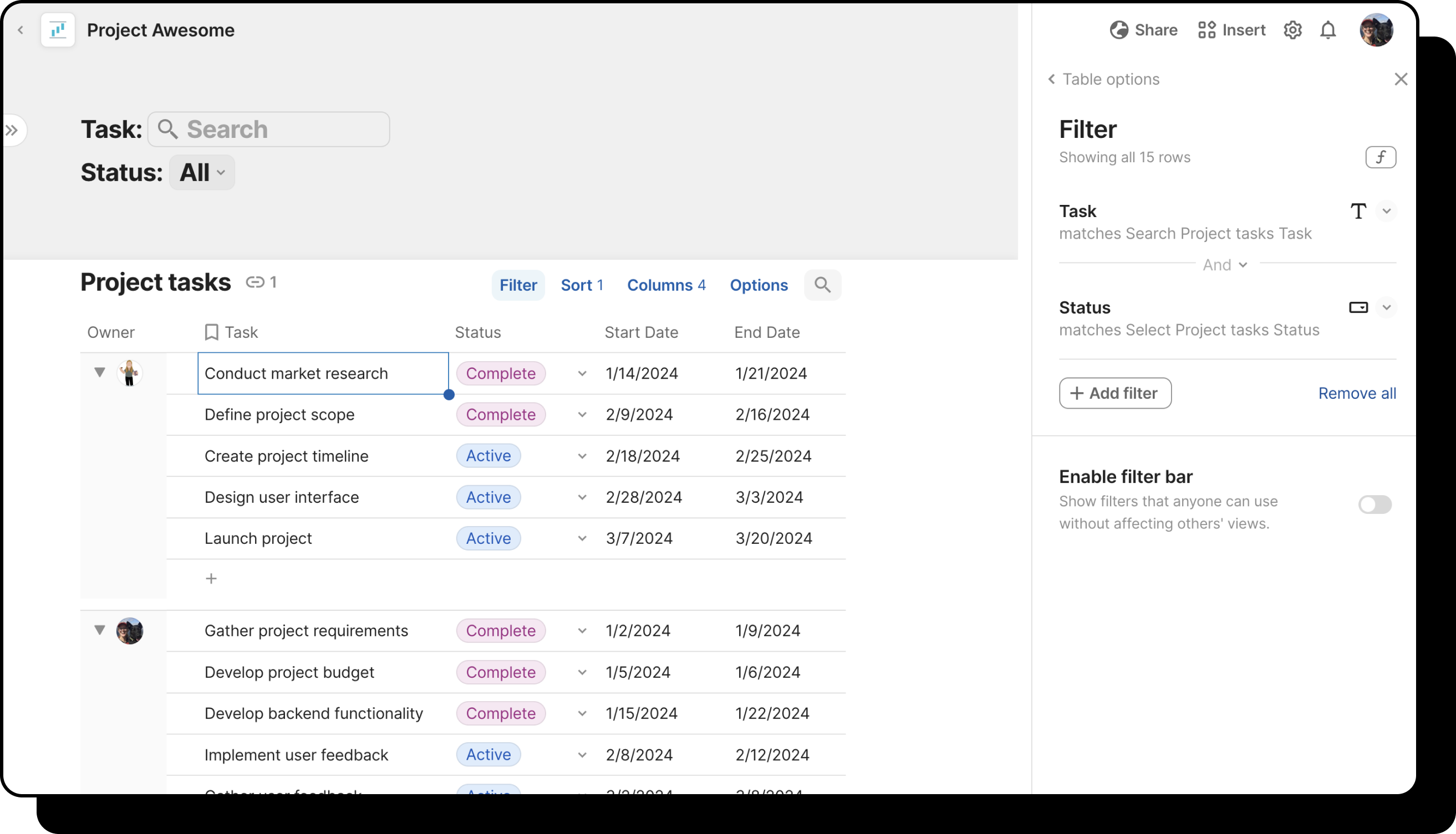 Image of table's filter settings.