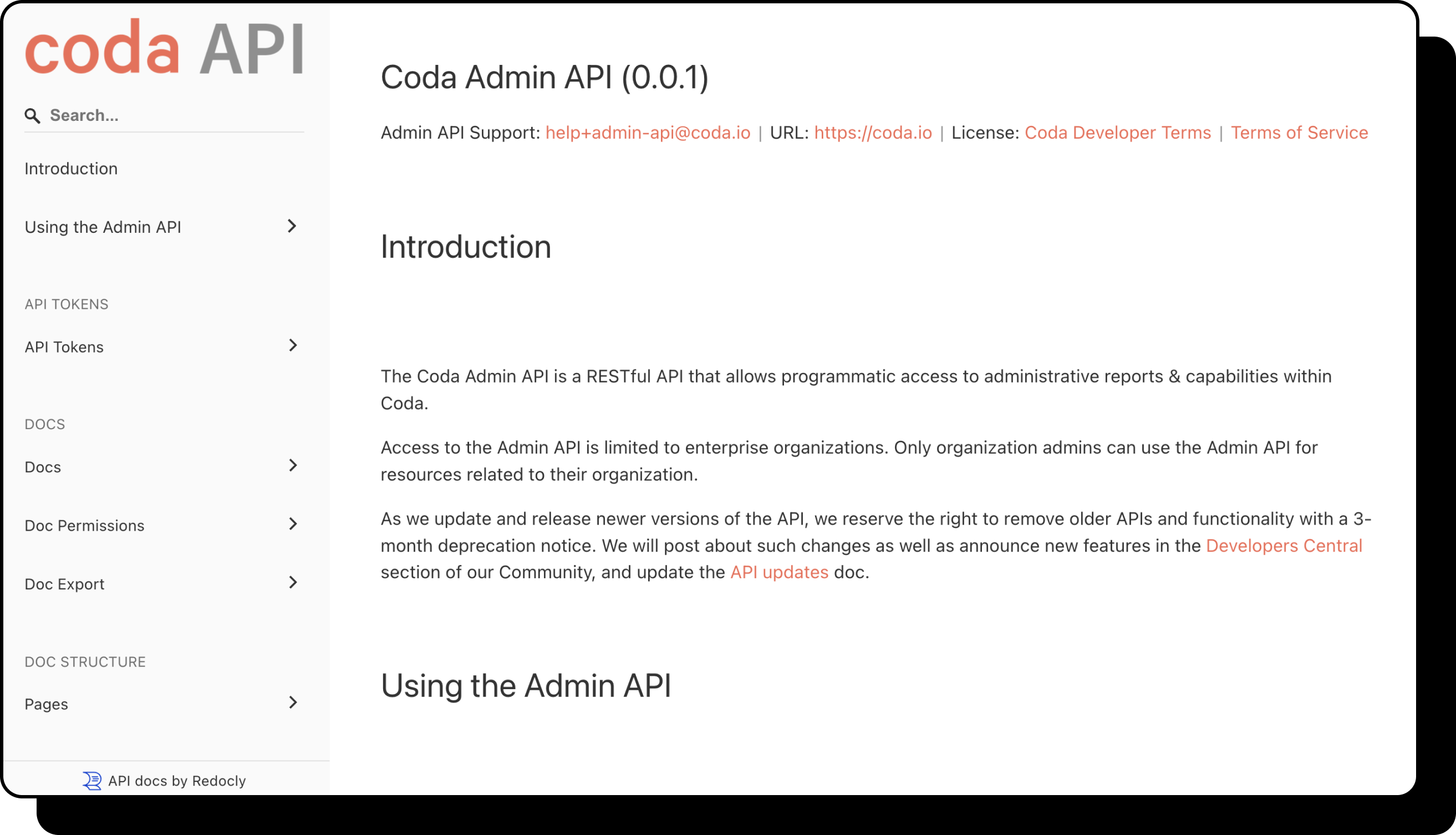 Image of admin API's documentation. 