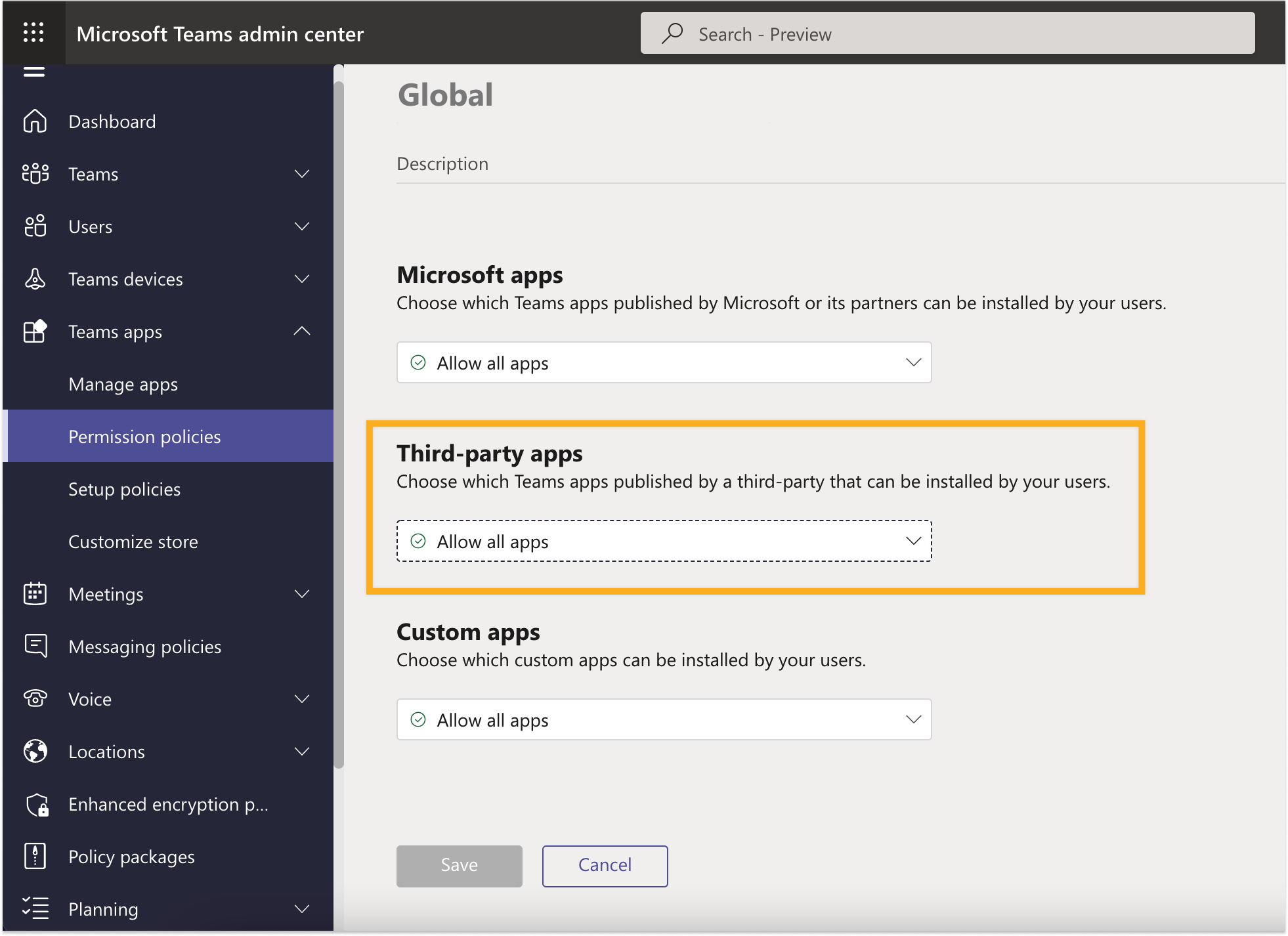 An image highlighting the Third-party apps section of Microsoft admin's permission policies.