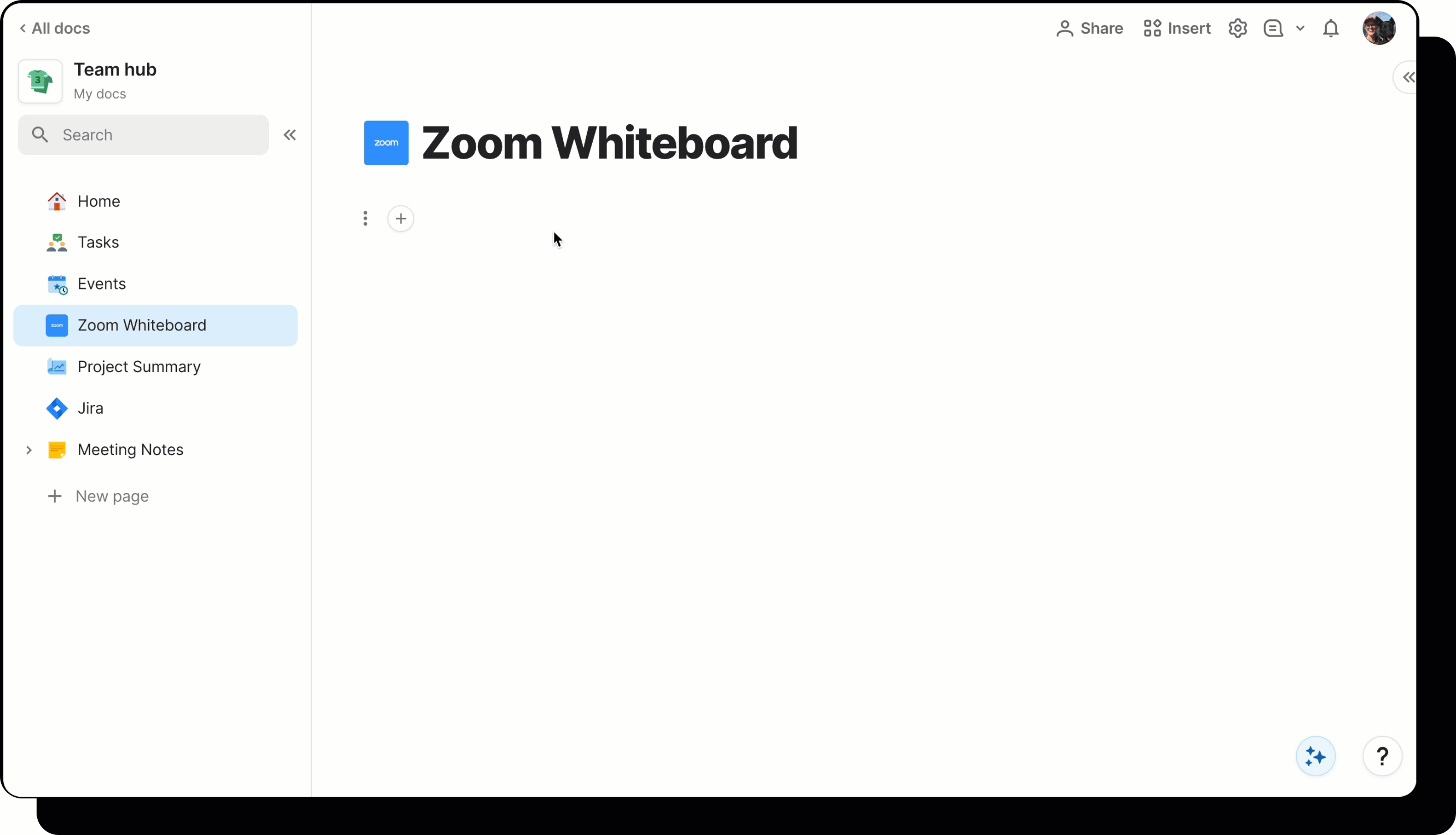 Gif showing how to create Zoom whiteboard embed in Coda.