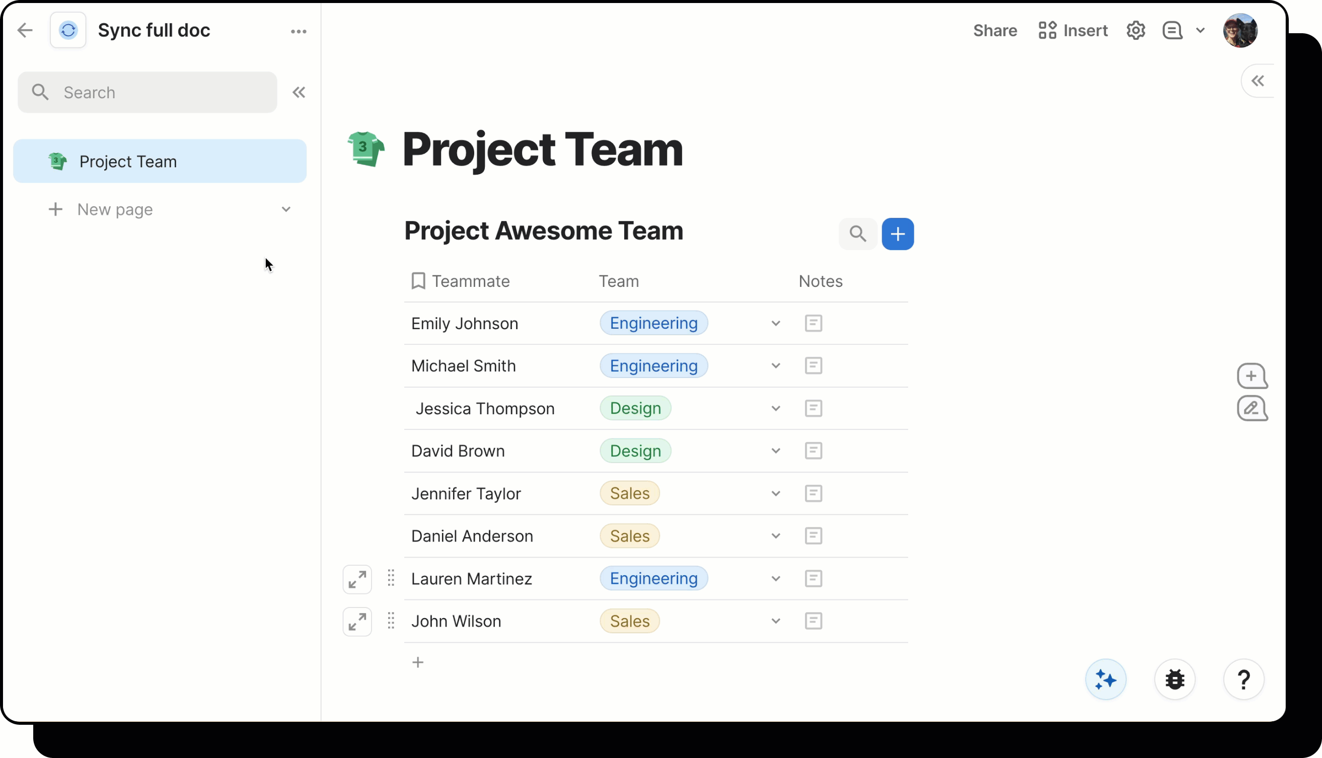 A gif demonstrating a user adding a sync page to a doc, and toggling on the option to sync the entire doc.