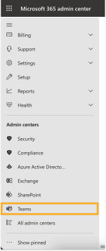 An image of the Teams option in Microsoft's admin center settings panel.