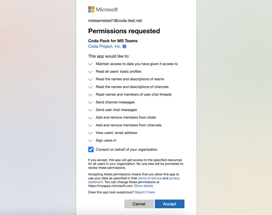 An image of a Microsoft popup requesting permission to connect with the Coda Pack.