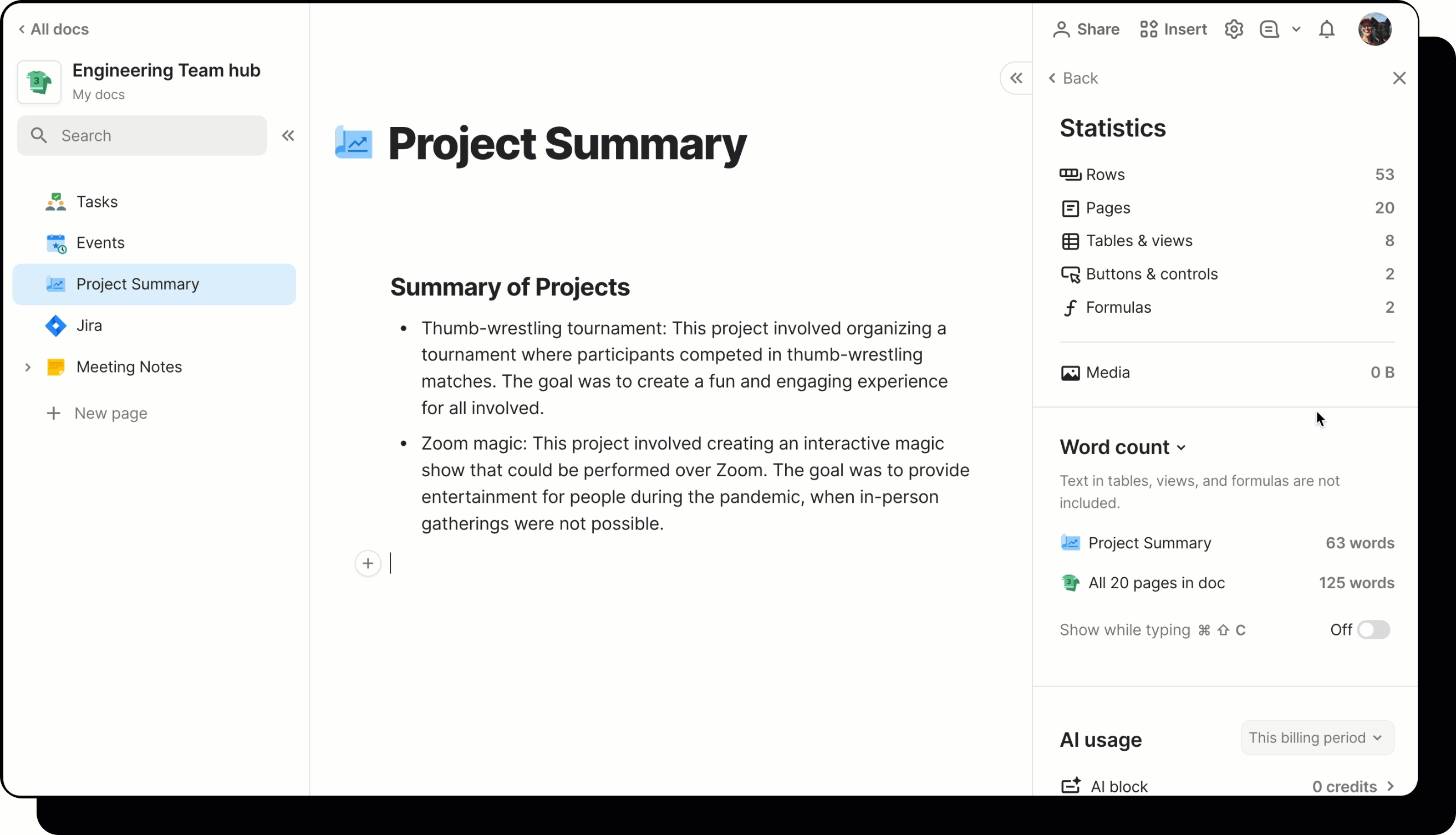 A gif showing a user toggling on the option to show word count while typing, and toggling between word and character count.