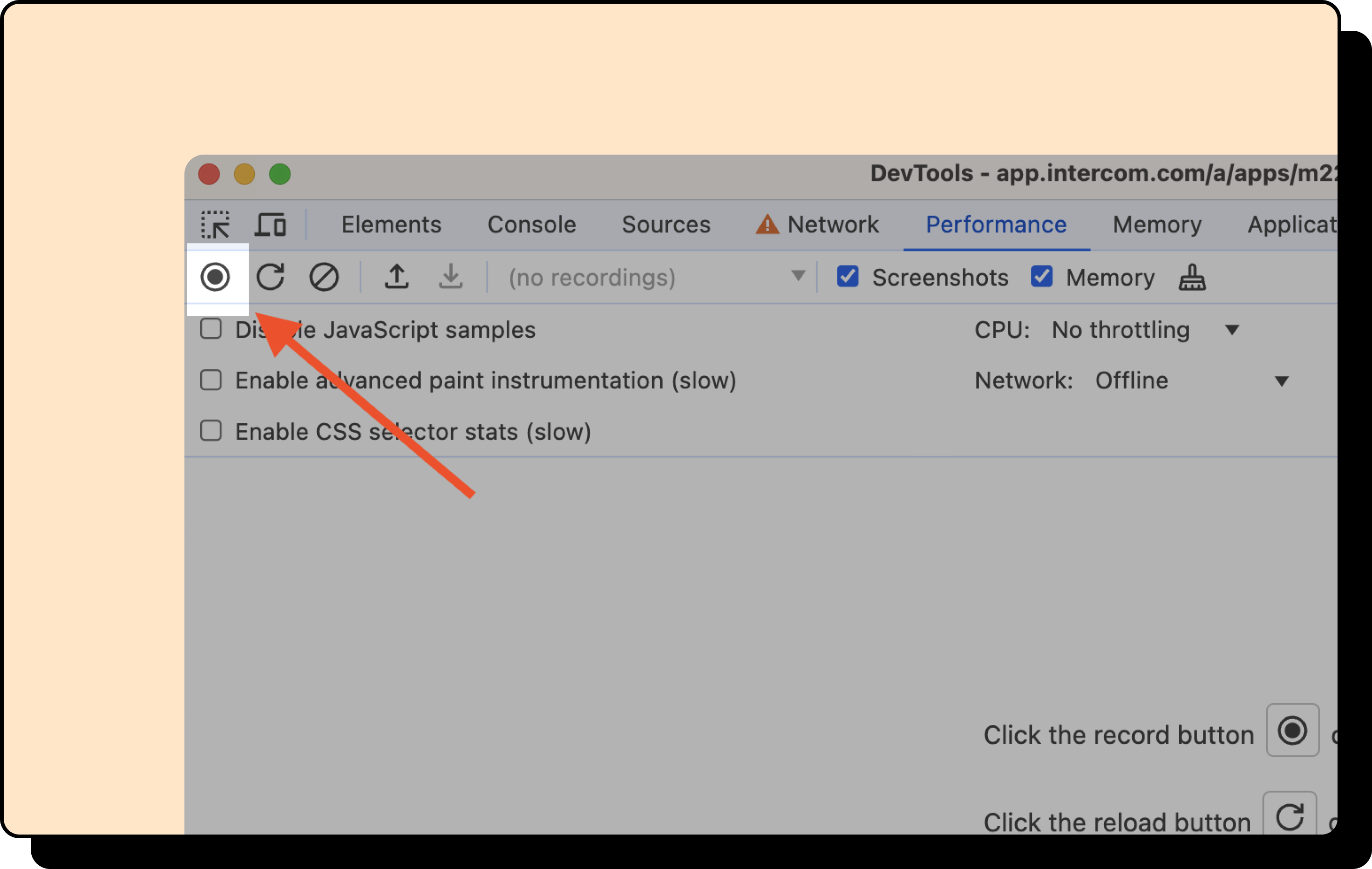 An image of the developer tools' Record button.