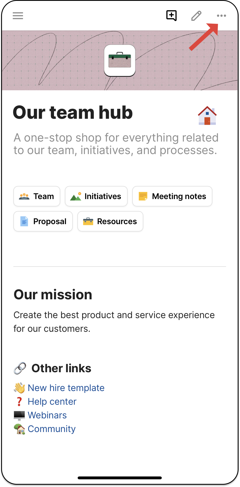 An image of a doc on mobile, with an arrow pointing to the three dot menu in the upper right-hand corner..