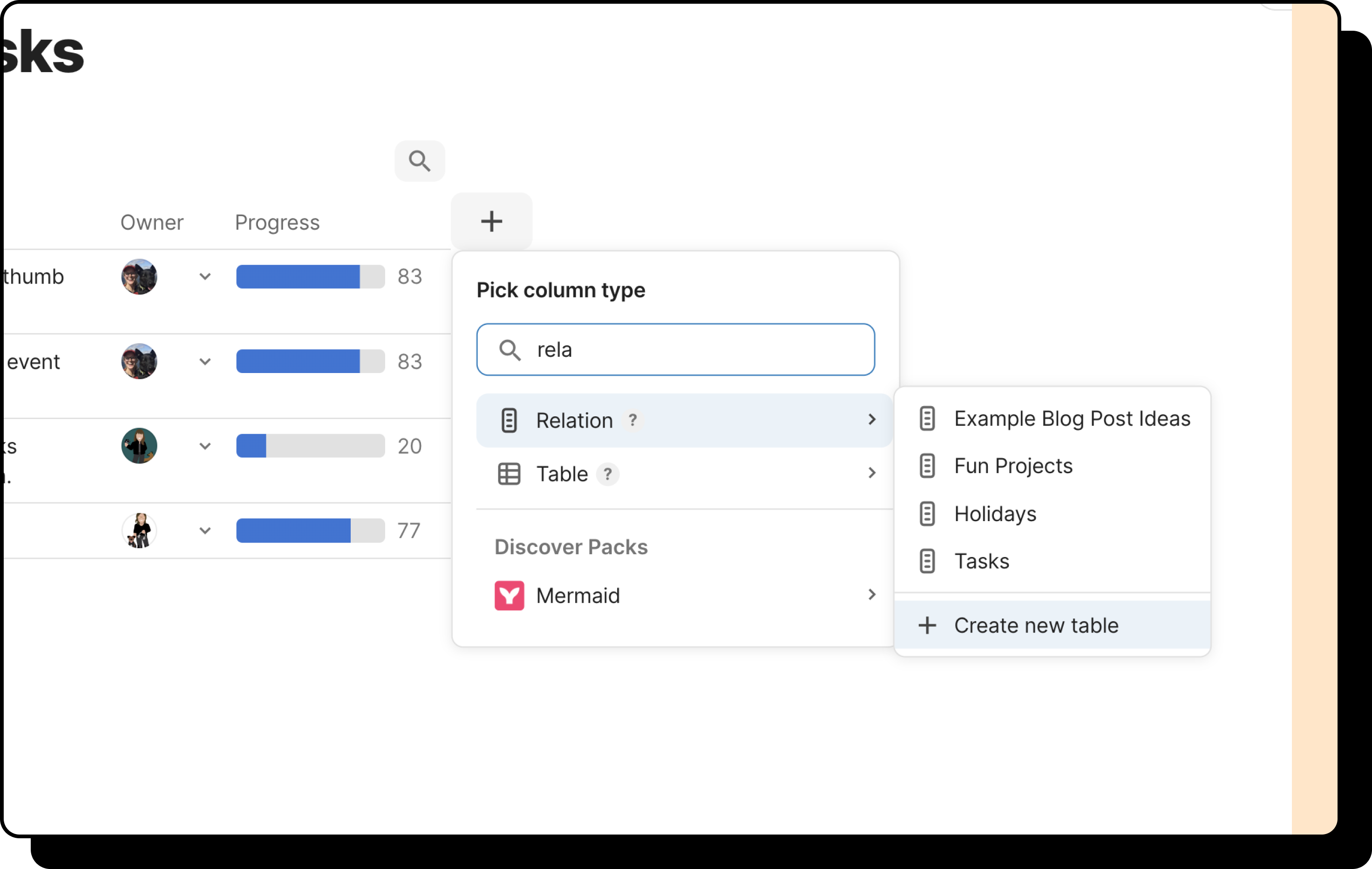 Image of column options, with 