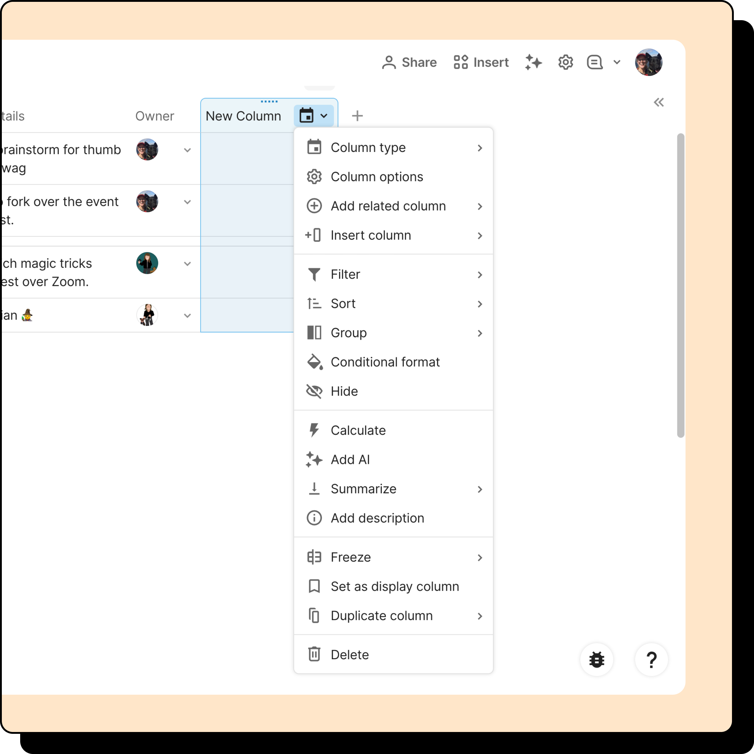 Image of column options dropdown. 
