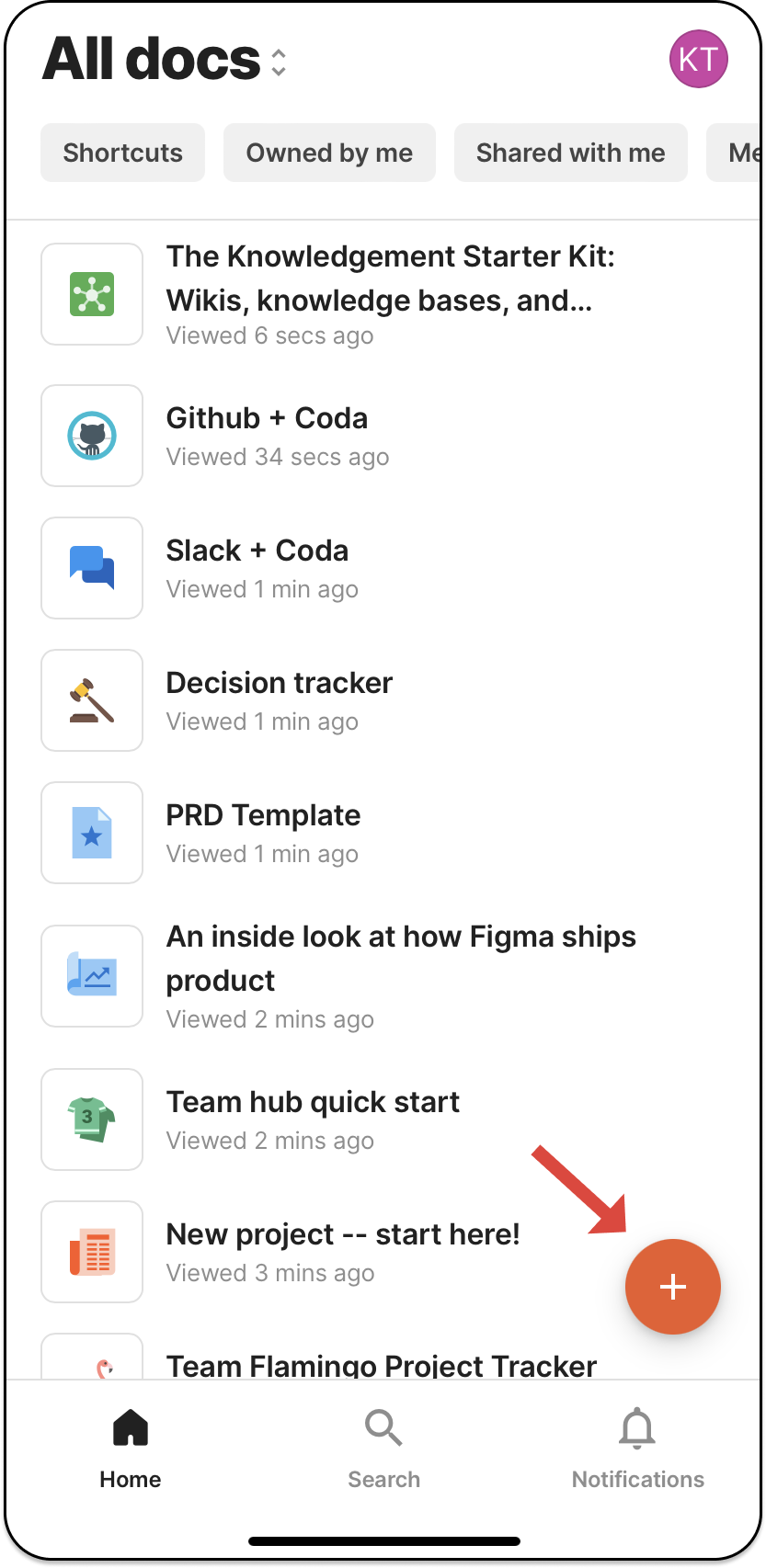 An image of the Coda doc list on mobile, with an arrow pointing to a + sign button in the lower right-hand corner.
