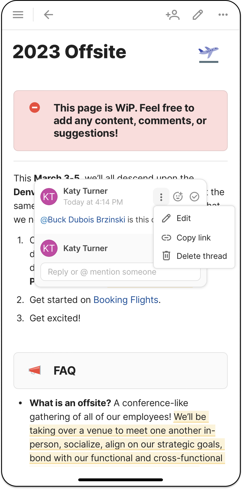 An image of a comment made on a Coda doc in mobile. 