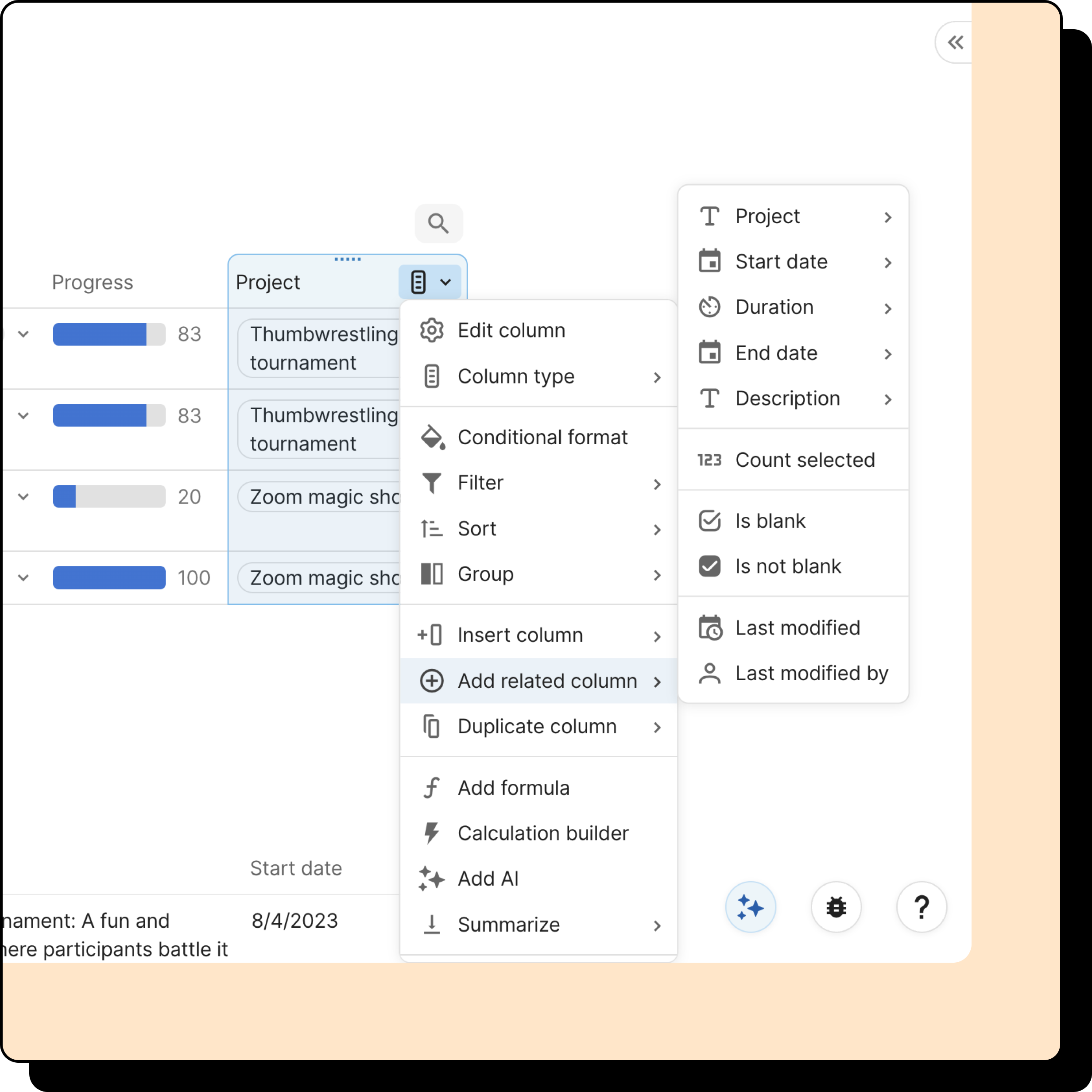 Image of relation column options, with 