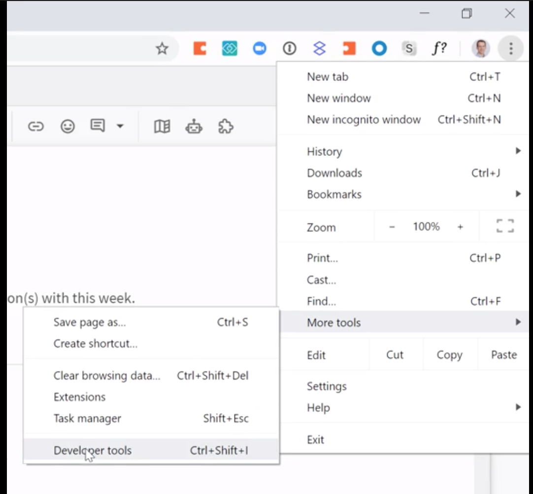 An image of browser settings on a PC, with developer tools highlighted.