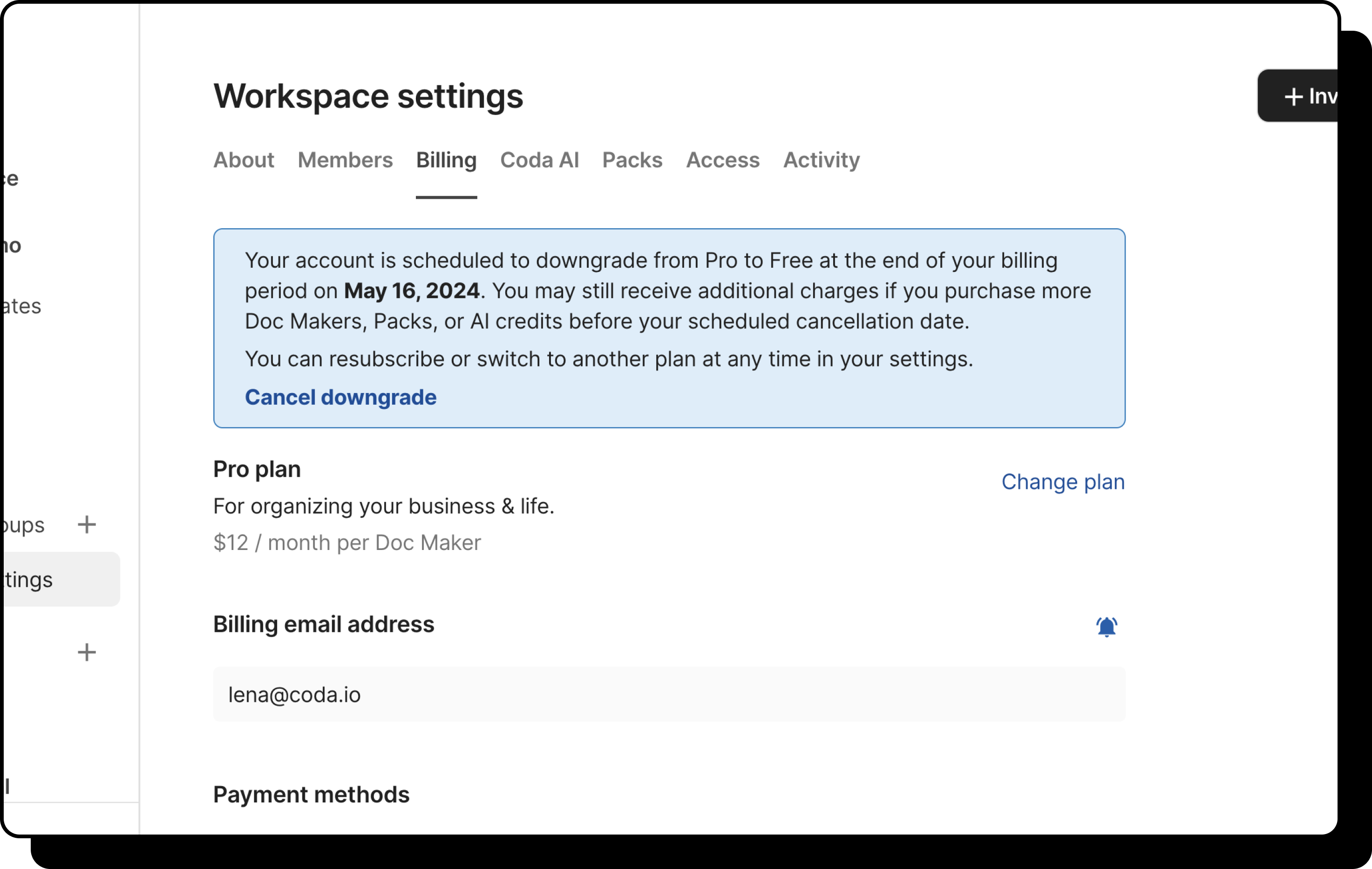 An image of a user's Billing section with an in-product message indicating when their subscription will be cancelled. 