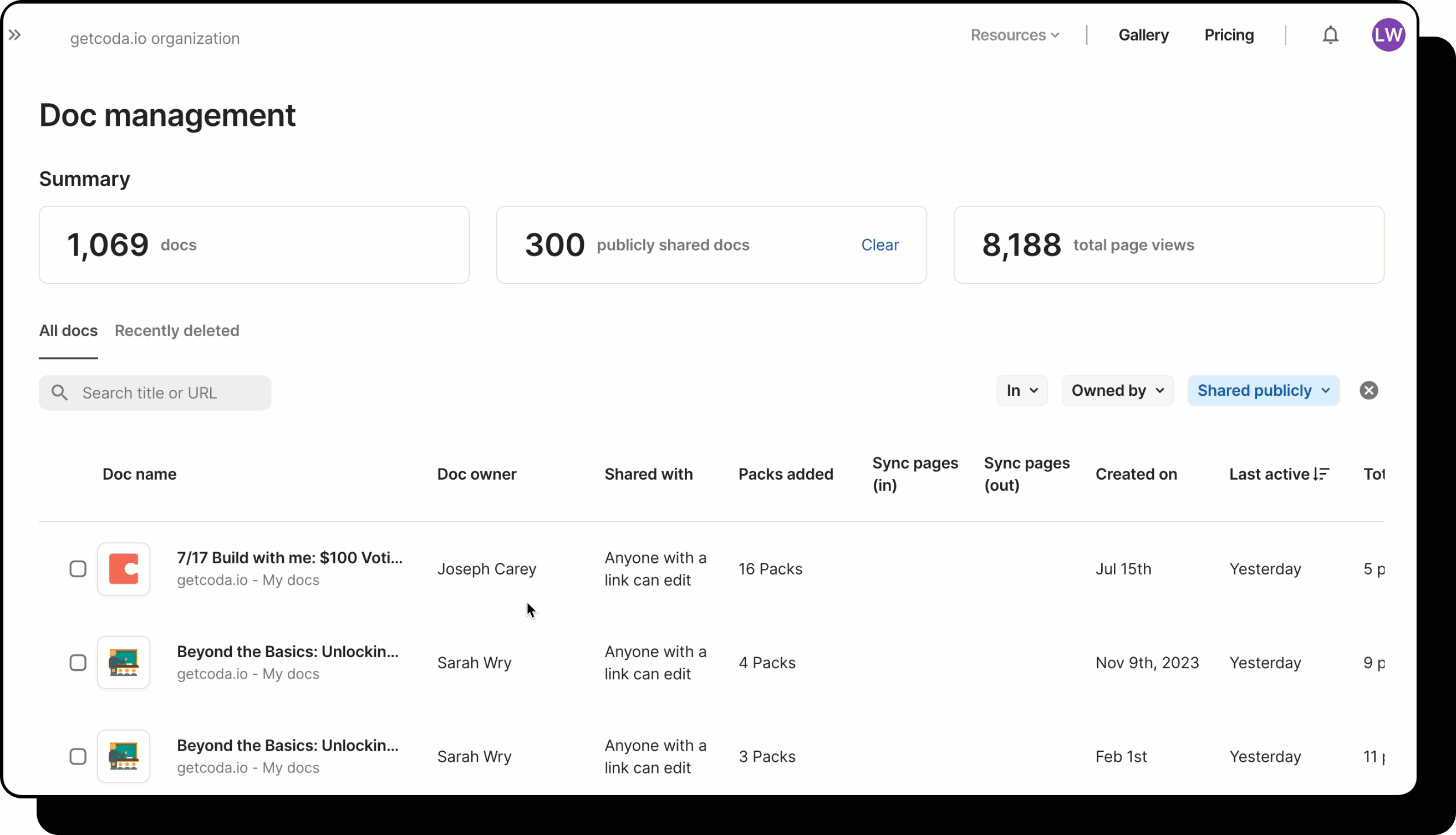 Gif showing user update permissions for a doc from doc management dashboard.