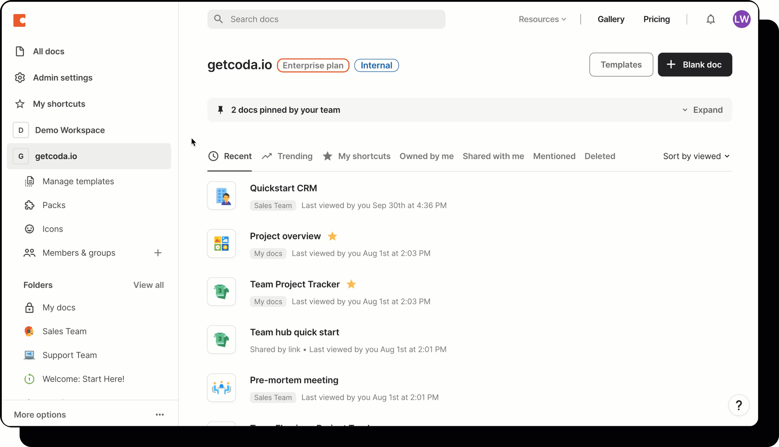 Gif showing user find list of publicly shared docs in doc management dashboard.