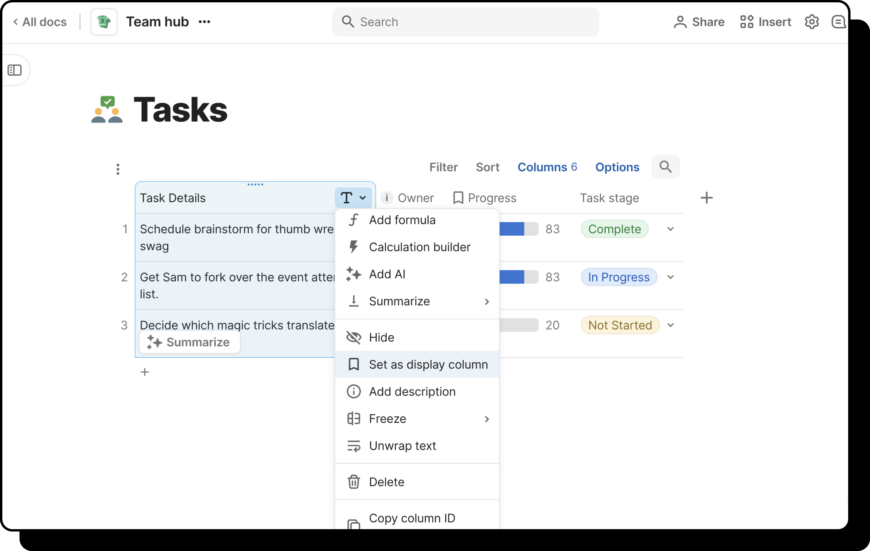 Image of column options with 