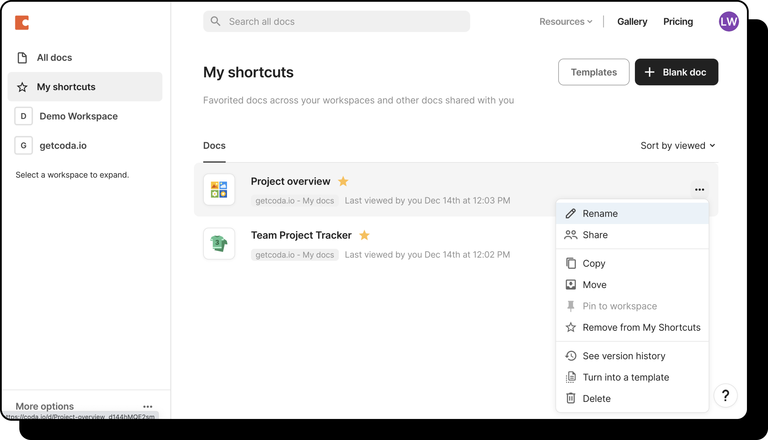An image of the doc title menu from the doc list, with the Rename option highlighted.