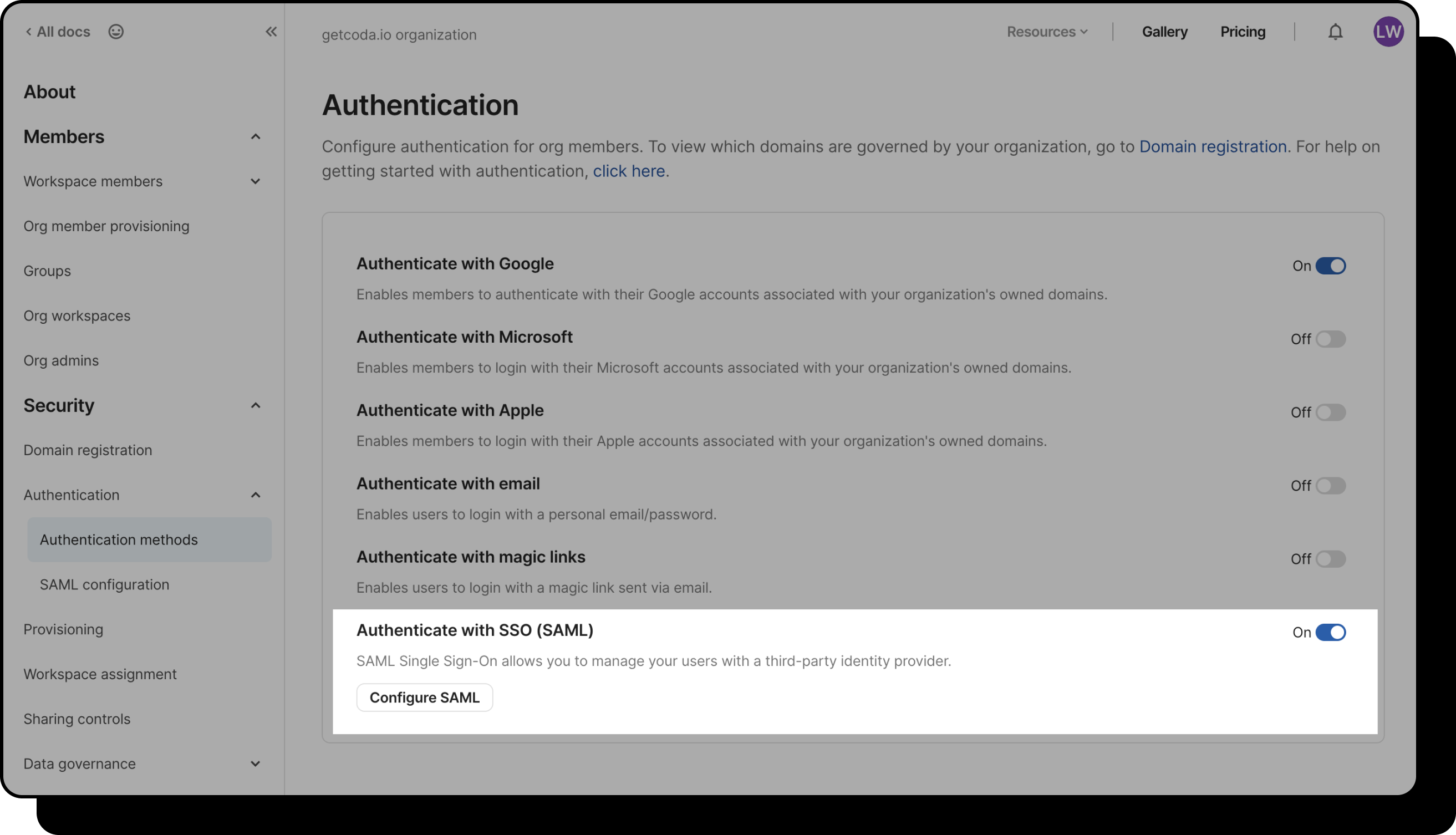 Image of Authenticate with SSO (SAML) toggle.