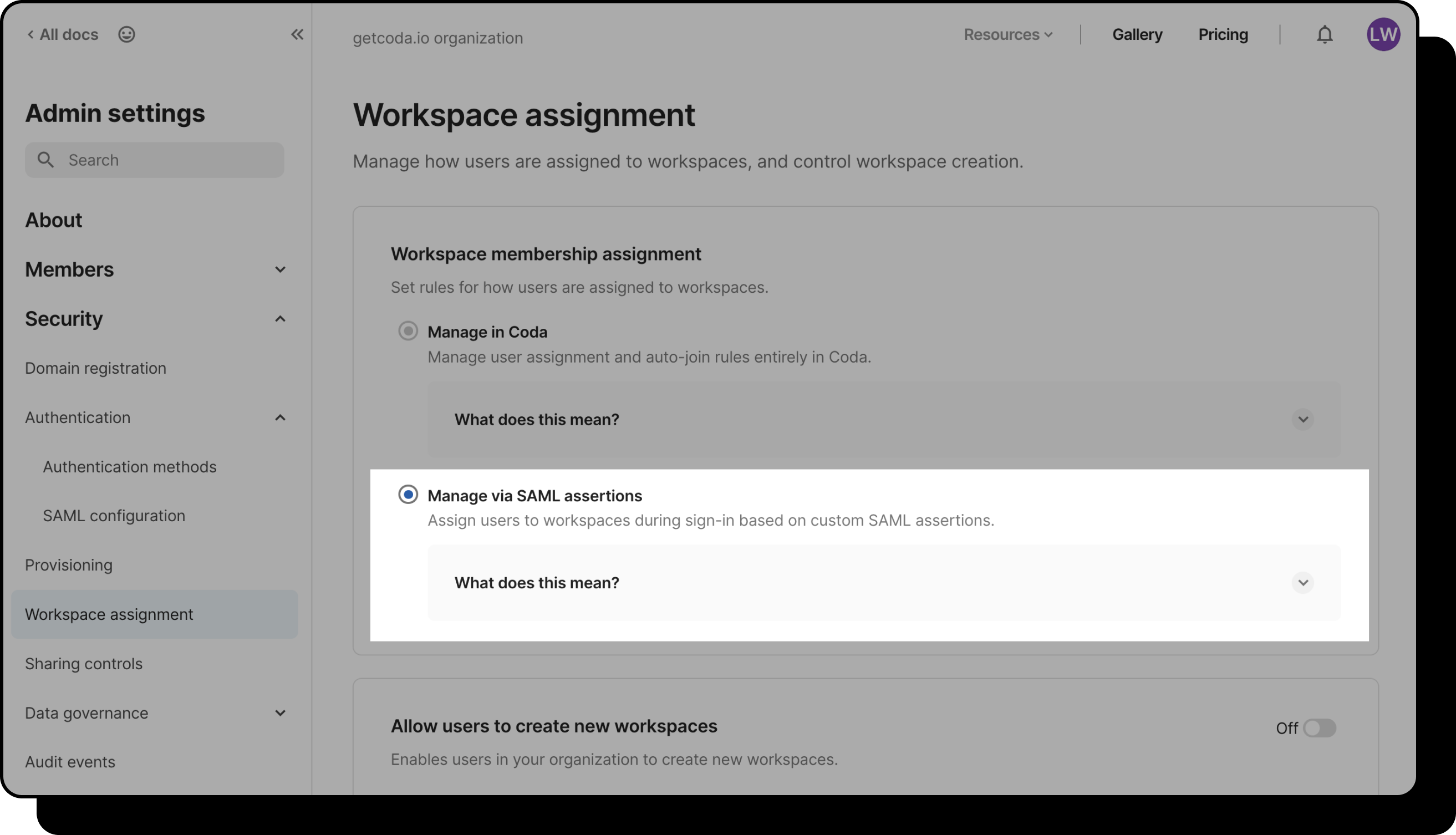 Image of Manage via SAML assertions toggle.